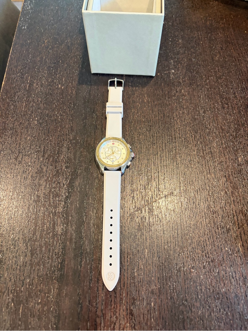 Michele White Strap Watch with Gold-Tone Dial